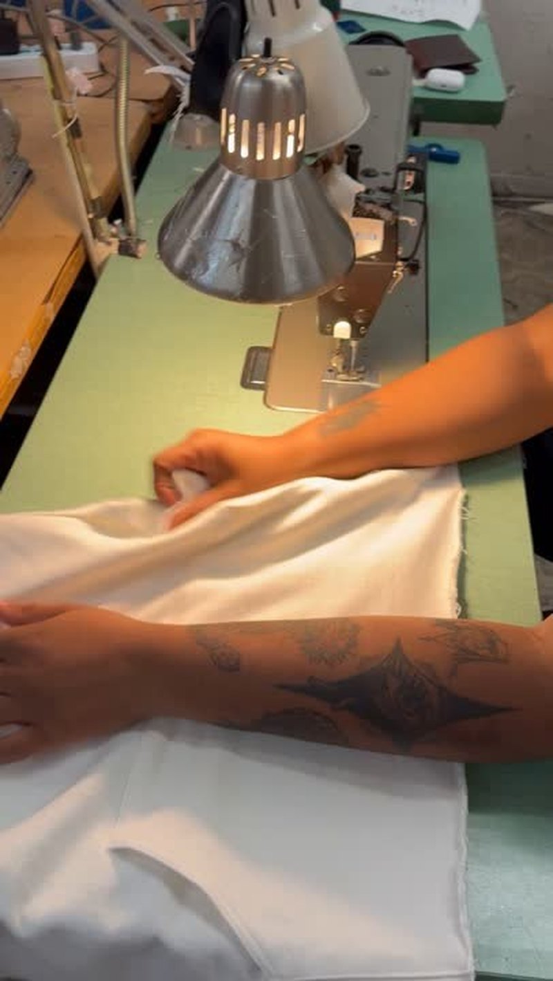 Joshua's cut-and-sew hoodies in production